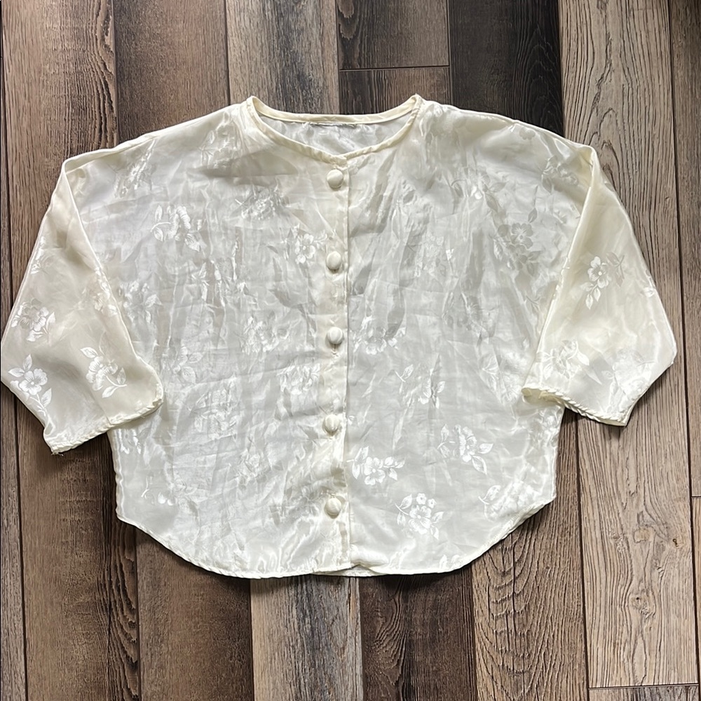 Vintage Satin Buttoned Blouse Ivory Floral Pattern | Delicate Short Sleeve Shirt